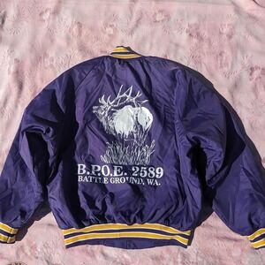 Vintage Elks Lodge Varsity Jacket Men's XL Purple Bomber Graphic Snap Up Animal